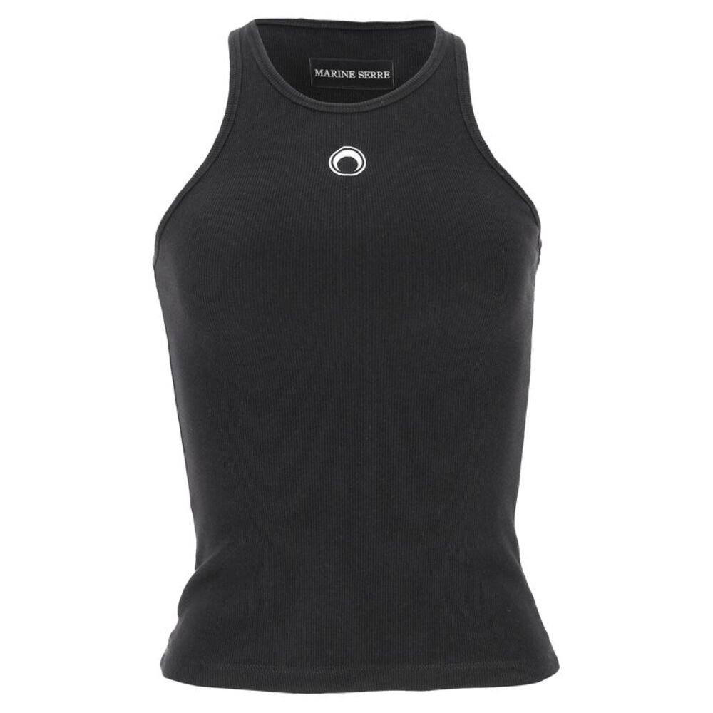 Marine Serre Logo-Print Ribbed-Knit Tank Top in Black Cotton